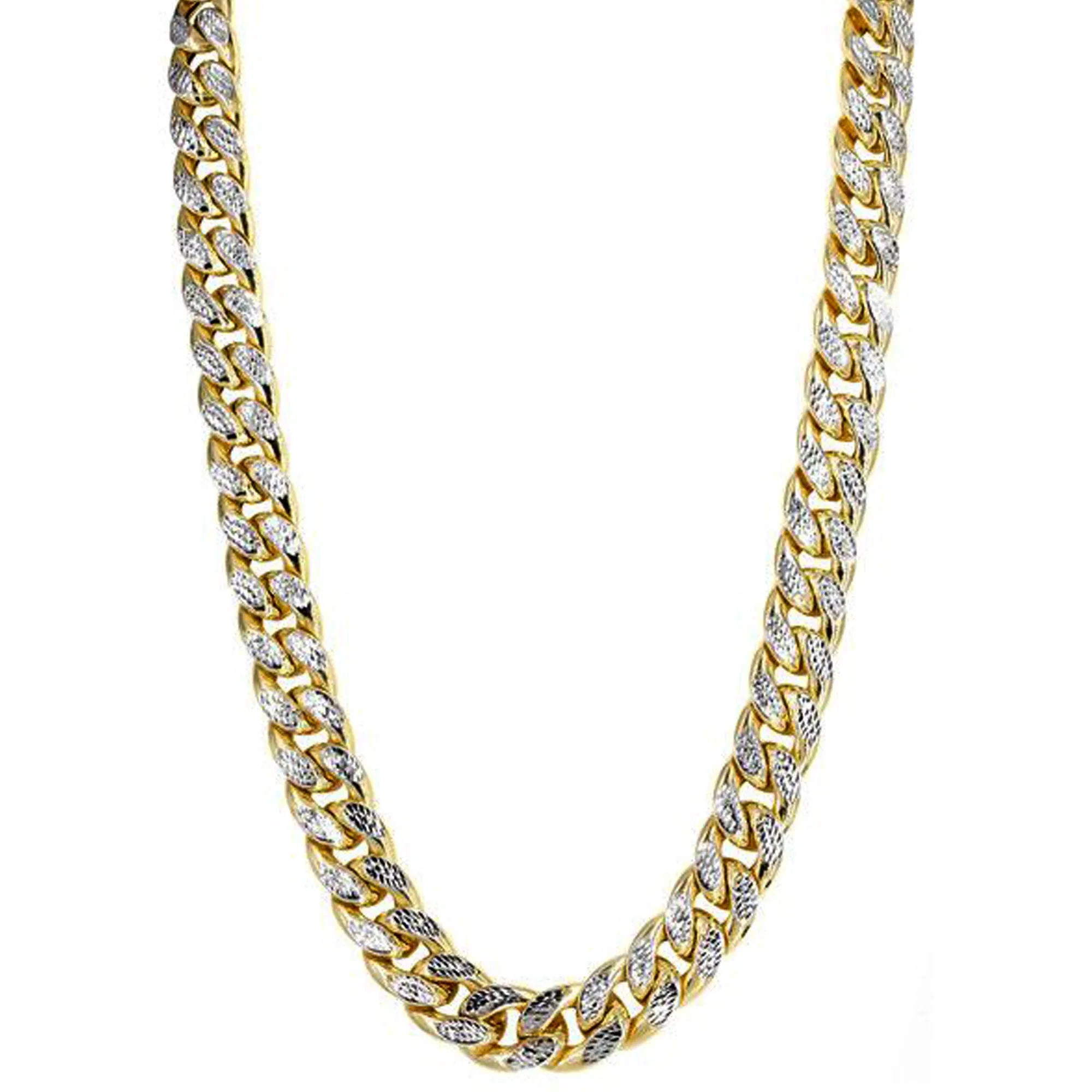 14k Yellow And White Gold Miami Cuban Pave Link Chain Necklace, Width 13.5mm, 24
