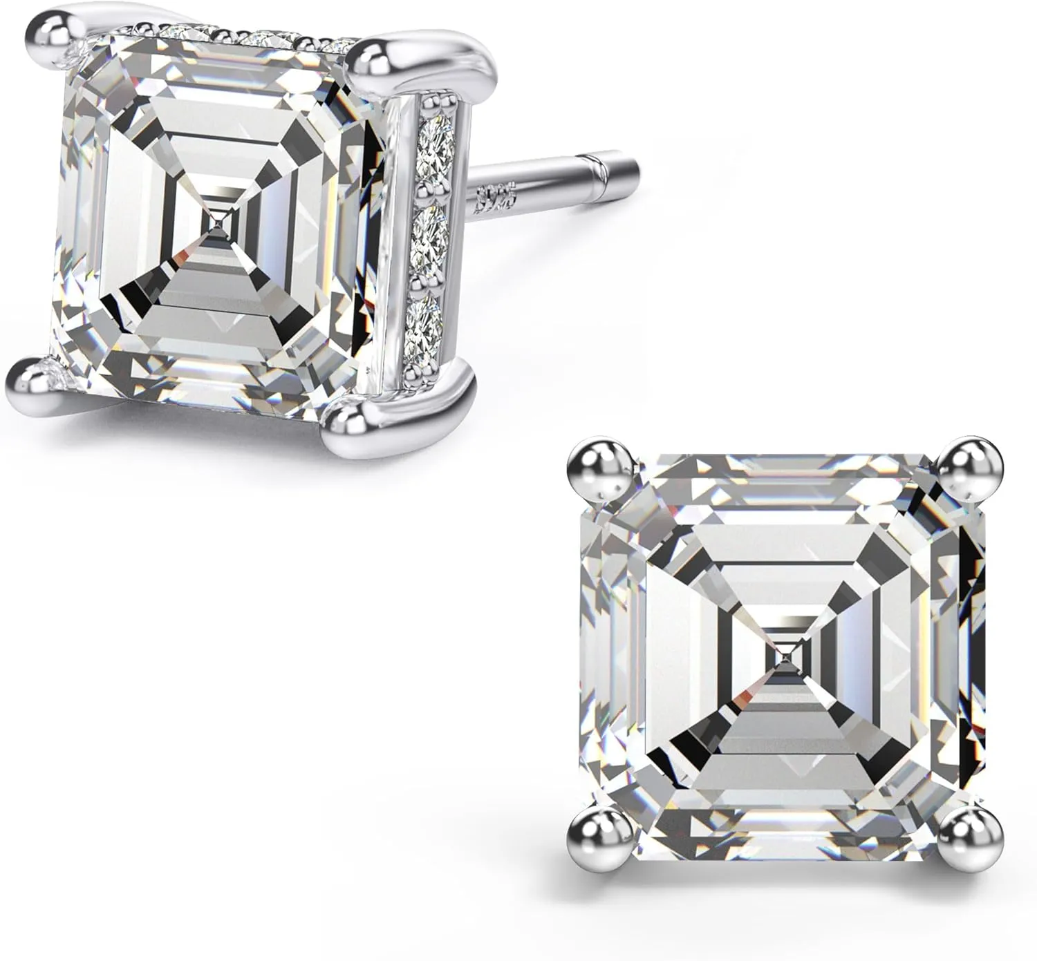 18K White Gold Plated Sterling Silver Asscher Cut Cubic Zirconia Stud Earrings for Women Men | Square CZ Stud Earrings Simulated Diamond Earrings Studs