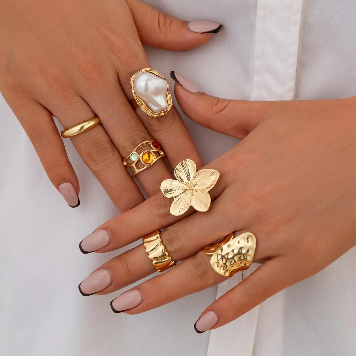 6PCS Chunky Gold Rings for Women Non Tarnish Statement Silver Rings Set Pearl Flower Rings for Women Stackable Knuckle Ring Chunky Jewelry