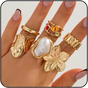 6PCS Chunky Gold Rings for Women Non Tarnish Statement Silver Rings Set Pearl Flower Rings for Women Stackable Knuckle Ring Chunky Jewelry