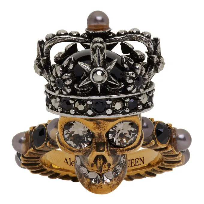 Alexander McQueen Gold and Silver Pearl King Skull Ring