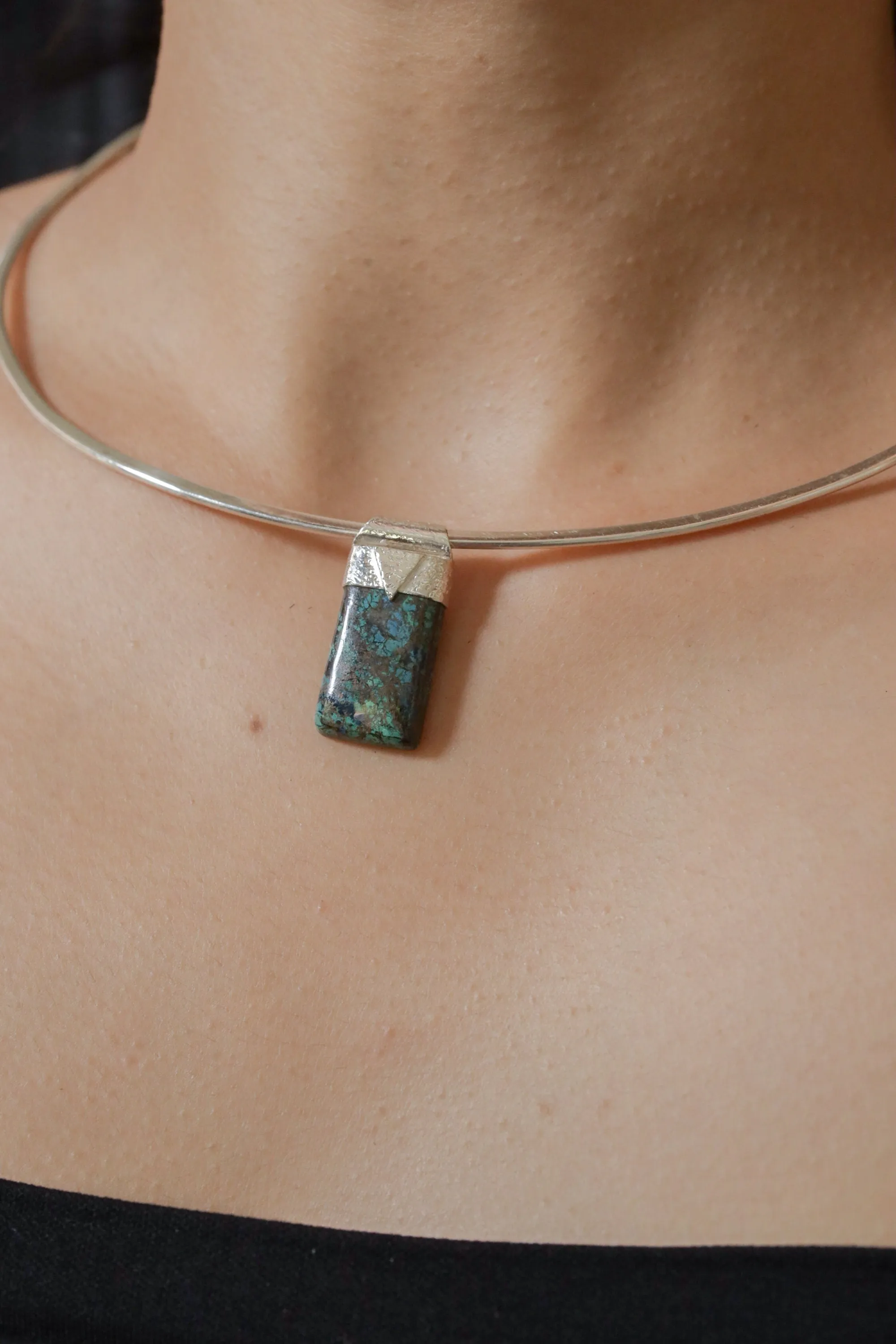 Australian Chrysocolla Cabochon Stack Pendant, Organic Textured 925 Sterling Silver, Throat Chakra, Gemini Zodiac, Communication Strength