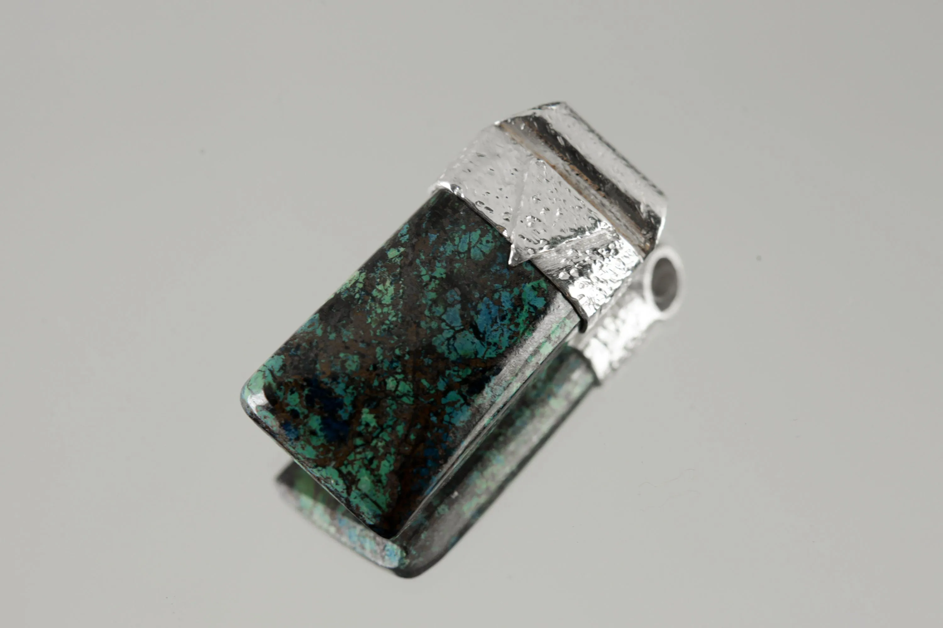 Australian Chrysocolla Cabochon Stack Pendant, Organic Textured 925 Sterling Silver, Throat Chakra, Gemini Zodiac, Communication Strength