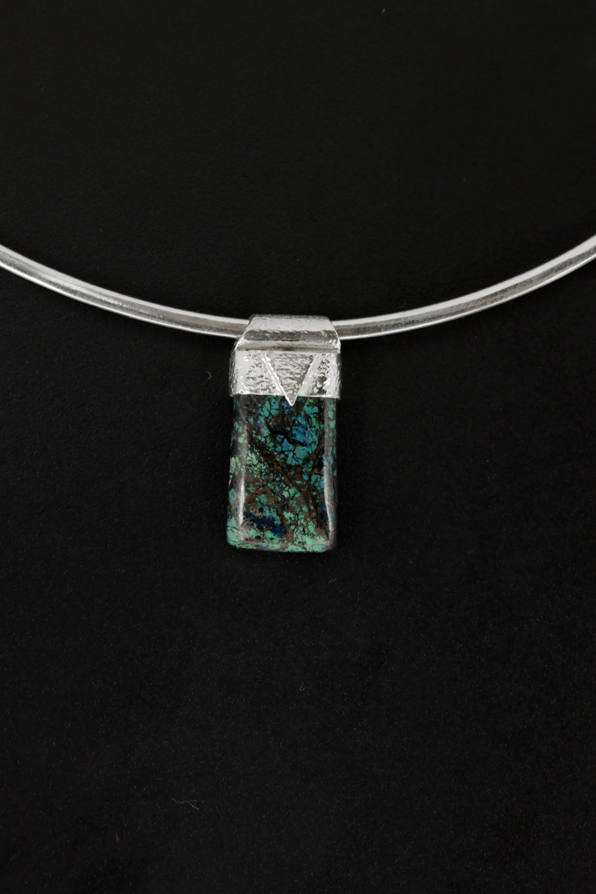 Australian Chrysocolla Cabochon Stack Pendant, Organic Textured 925 Sterling Silver, Throat Chakra, Gemini Zodiac, Communication Strength