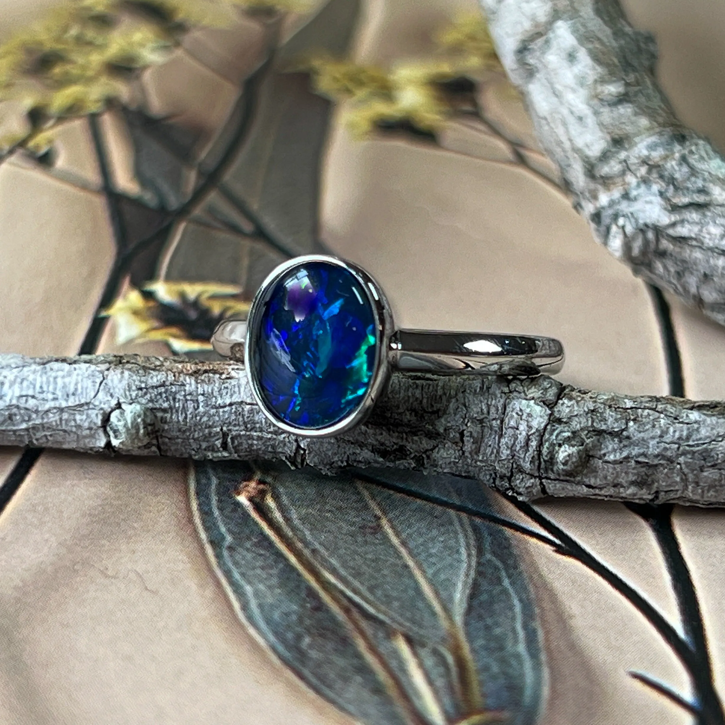 Bezel Solitaire Triplet Opal Ring - Sterling Silver - Dainty Women's Blue, Silver & Gold Opal Jewelry 9x7mm