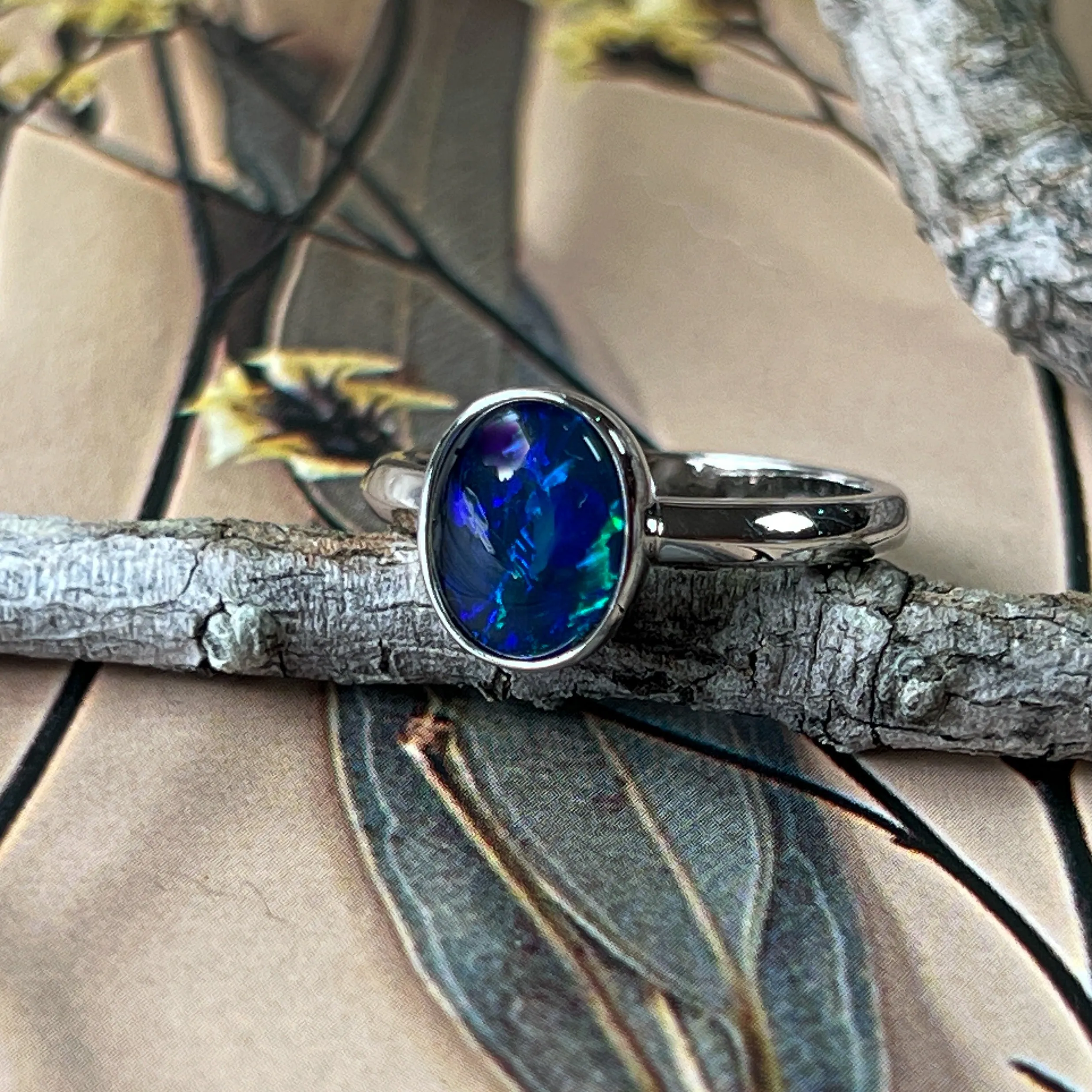 Bezel Solitaire Triplet Opal Ring - Sterling Silver - Dainty Women's Blue, Silver & Gold Opal Jewelry 9x7mm