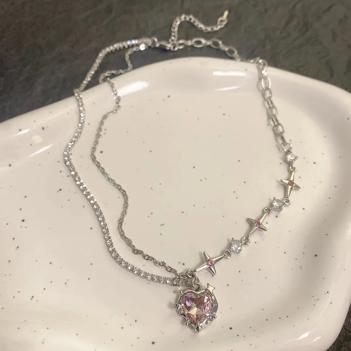binfenxie Y2K Accessories Fashion Peach Heart Water Drop Pendant Necklace Pink Crystal Egirl Sweet Cool Clavicle Chain Aesthetic Jewelry