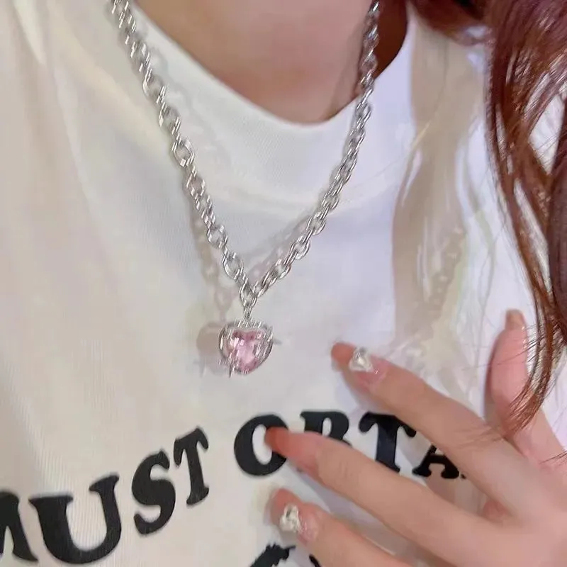 binfenxie Y2K Accessories Fashion Peach Heart Water Drop Pendant Necklace Pink Crystal Egirl Sweet Cool Clavicle Chain Aesthetic Jewelry