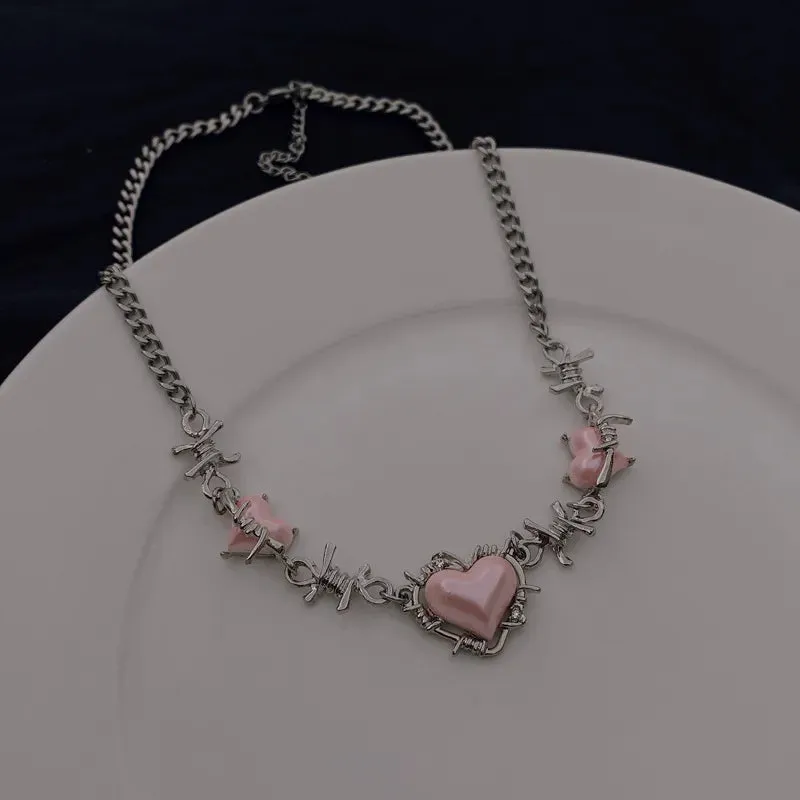binfenxie Y2K Accessories Fashion Peach Heart Water Drop Pendant Necklace Pink Crystal Egirl Sweet Cool Clavicle Chain Aesthetic Jewelry