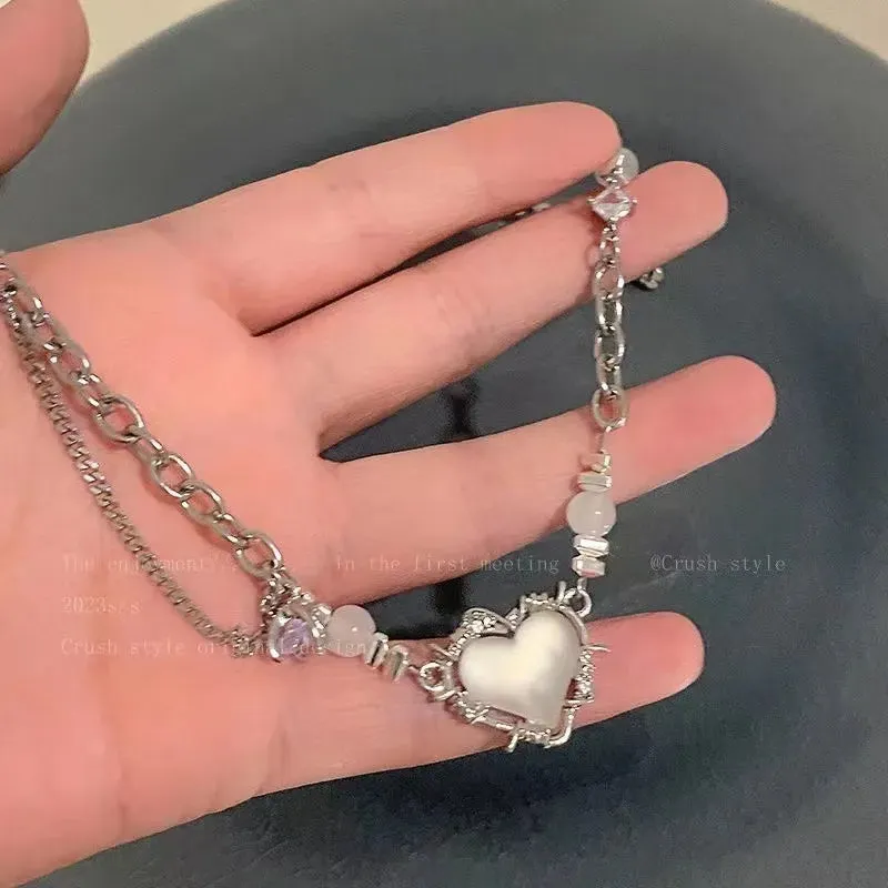 binfenxie Y2K Accessories Fashion Peach Heart Water Drop Pendant Necklace Pink Crystal Egirl Sweet Cool Clavicle Chain Aesthetic Jewelry