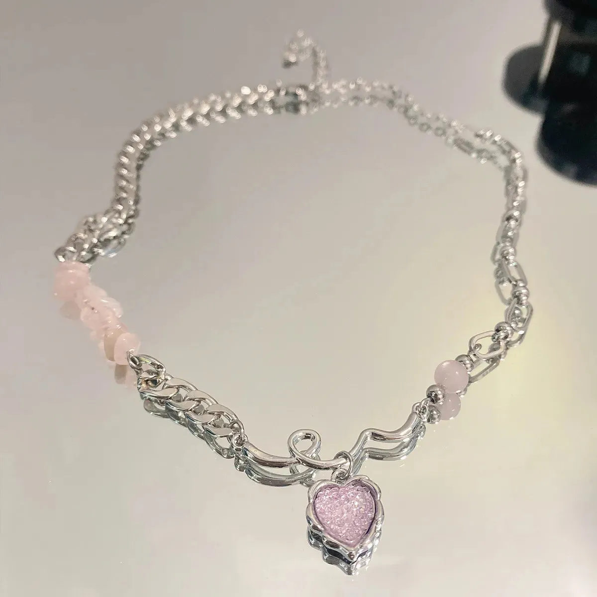 binfenxie Y2K Accessories Fashion Peach Heart Water Drop Pendant Necklace Pink Crystal Egirl Sweet Cool Clavicle Chain Aesthetic Jewelry