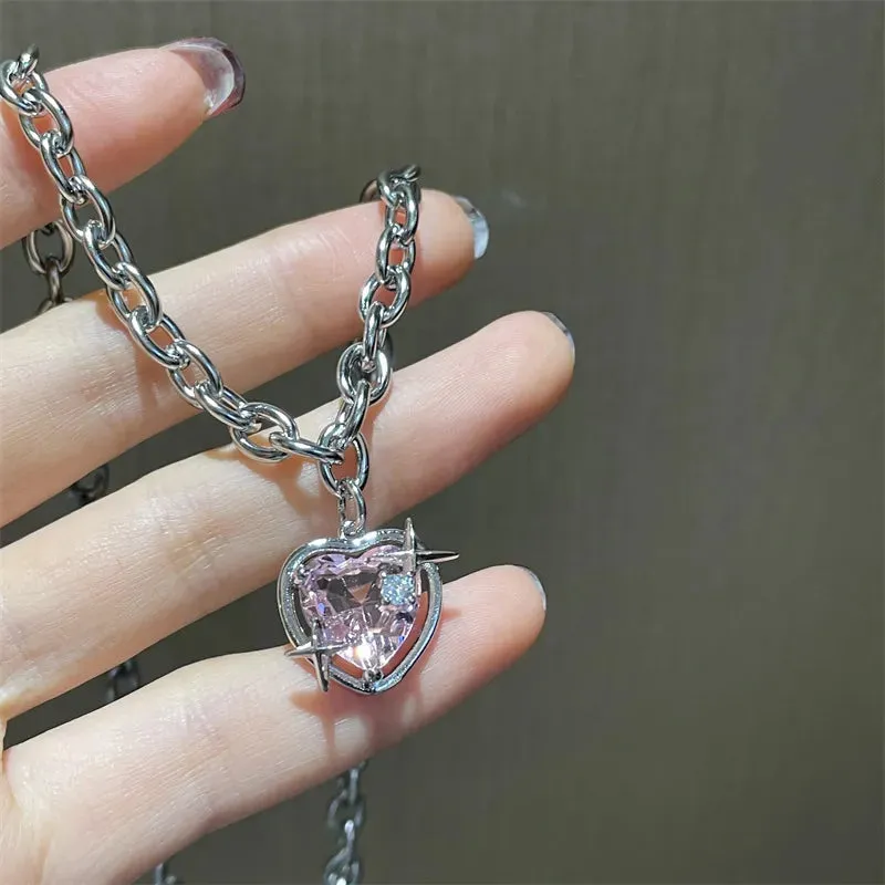 binfenxie Y2K Accessories Fashion Peach Heart Water Drop Pendant Necklace Pink Crystal Egirl Sweet Cool Clavicle Chain Aesthetic Jewelry
