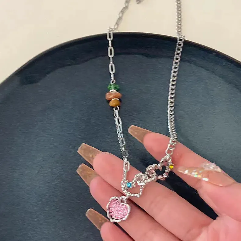 binfenxie Y2K Accessories Fashion Peach Heart Water Drop Pendant Necklace Pink Crystal Egirl Sweet Cool Clavicle Chain Aesthetic Jewelry