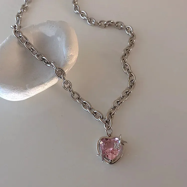 binfenxie Y2K Accessories Fashion Peach Heart Water Drop Pendant Necklace Pink Crystal Egirl Sweet Cool Clavicle Chain Aesthetic Jewelry