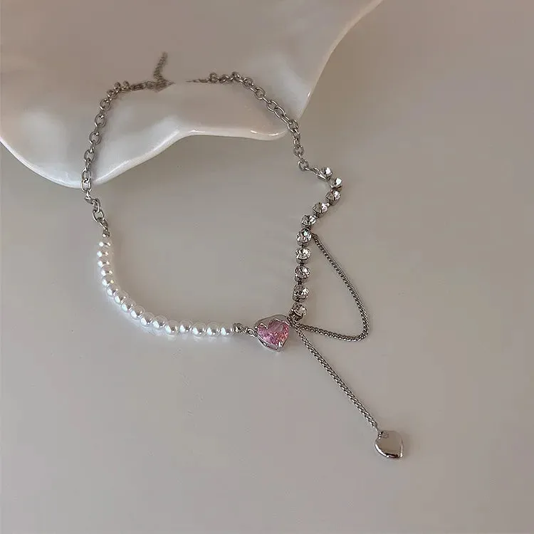 binfenxie Y2K Accessories Fashion Peach Heart Water Drop Pendant Necklace Pink Crystal Egirl Sweet Cool Clavicle Chain Aesthetic Jewelry