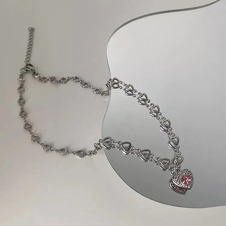 binfenxie Y2K Accessories Fashion Peach Heart Water Drop Pendant Necklace Pink Crystal Egirl Sweet Cool Clavicle Chain Aesthetic Jewelry