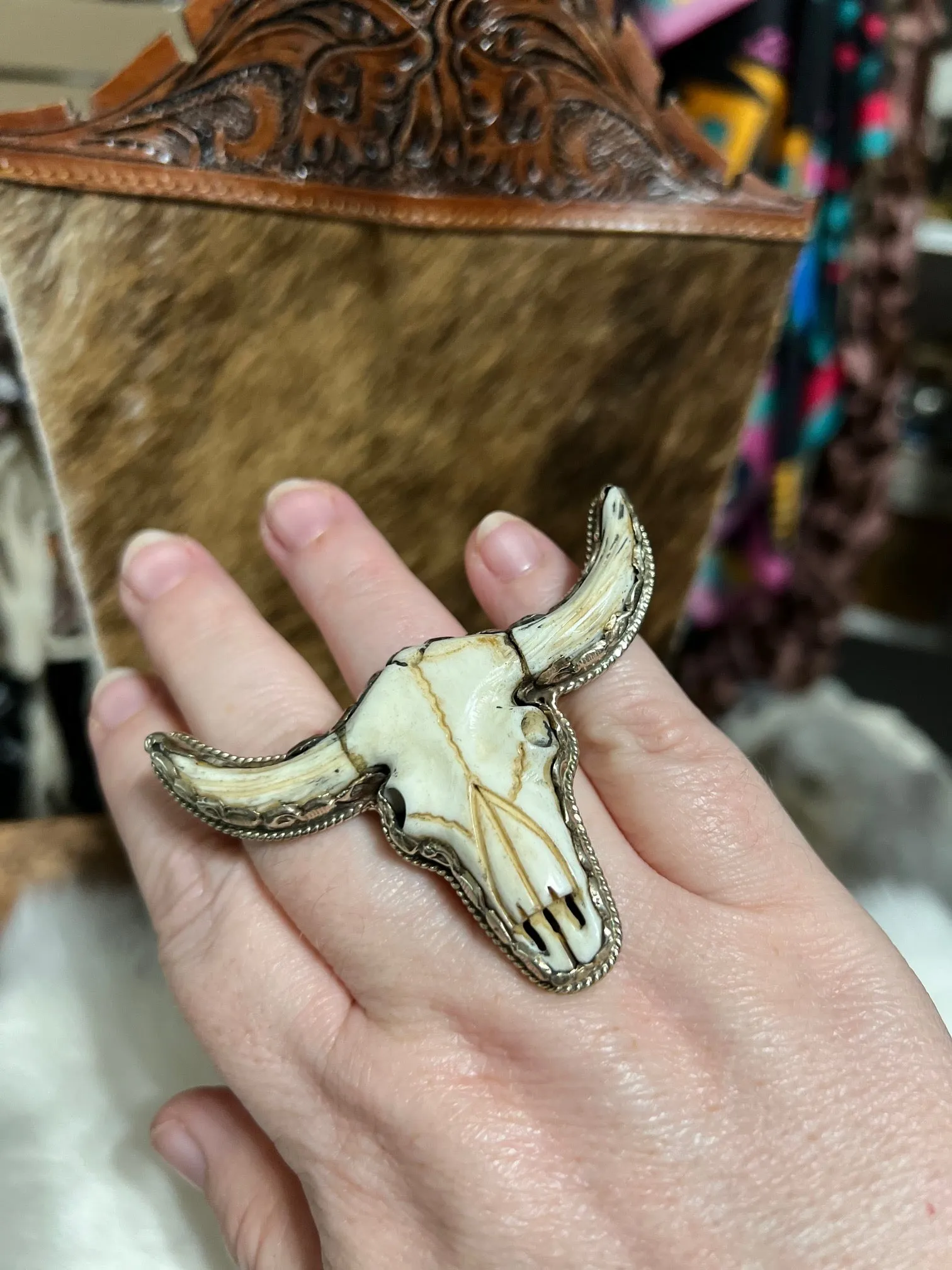 Bone Carved Bull Skull Adjustable Ring - Tibetan Silver