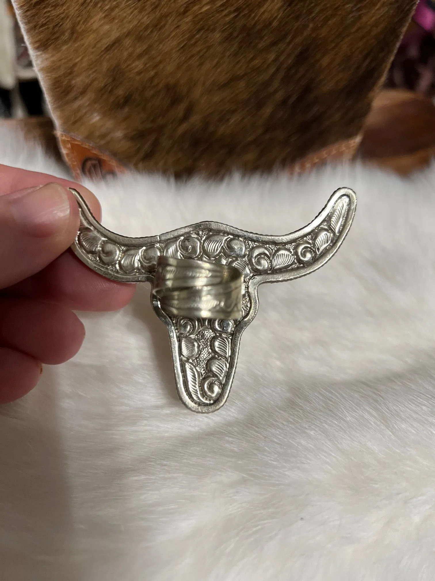 Bone Carved Bull Skull Adjustable Ring - Tibetan Silver