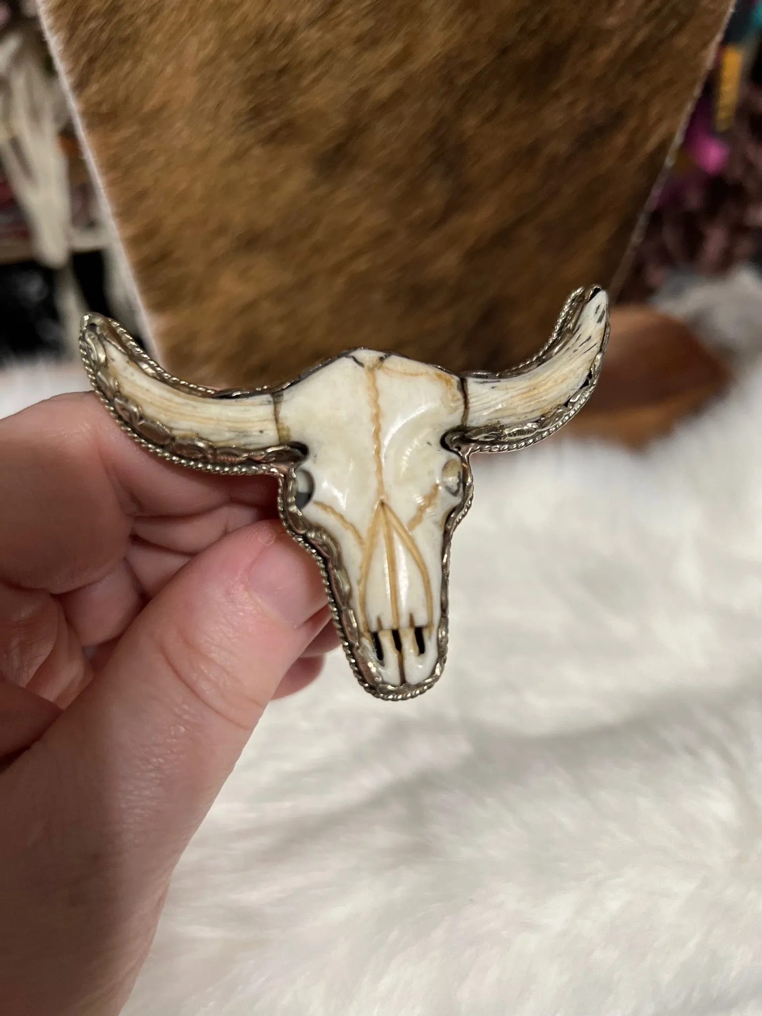 Bone Carved Bull Skull Adjustable Ring - Tibetan Silver