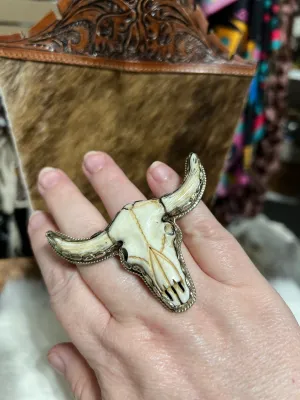 Bone Carved Bull Skull Adjustable Ring - Tibetan Silver