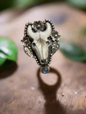 Bull Head Ring with Labradorite Stone - Adjustable