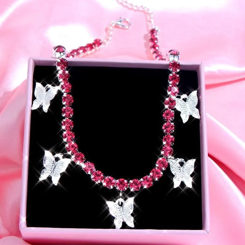Butterfly Pendant Shiny Crystal Necklace Choker