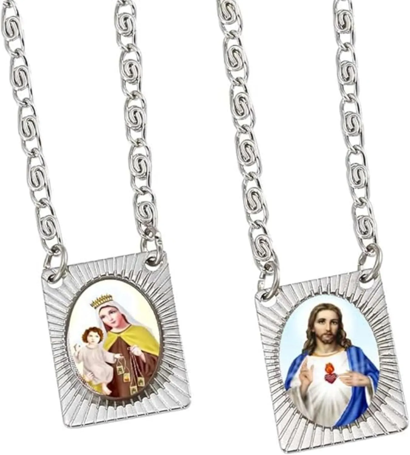 Catholica Shop Stainless Steel Chain and Medal Scapulars with Sacred Heart of Jesus & Our Lady of Mount Carmel Icons Catholic Devotional Religious Necklace for Women & Men - 14 Inch - Escapularios Catolicos