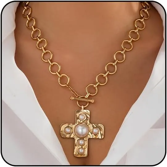 Chunky Gold Necklace for Women Trendy Chunky Cross Necklace for Women Gold Statement Necklace Silver Chunky Necklaces for Women Big Cross Necklace Large Gold Cross Necklace for Women Chunky Gold Jewelry