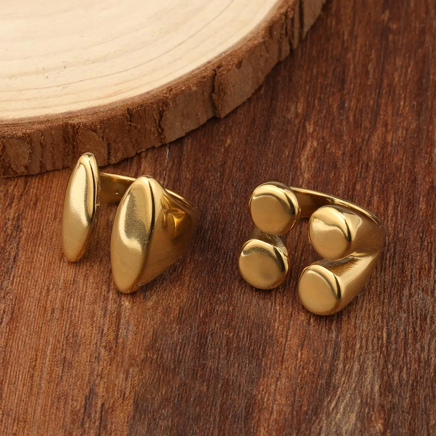 Chunky Statement Rings Set 2 African Boho Geometric Gold Plated Pieces Minimalist Design Adjustable Gold-Tone Rings for women