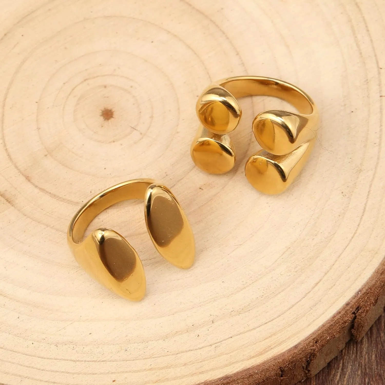 Chunky Statement Rings Set 2 African Boho Geometric Gold Plated Pieces Minimalist Design Adjustable Gold-Tone Rings for women