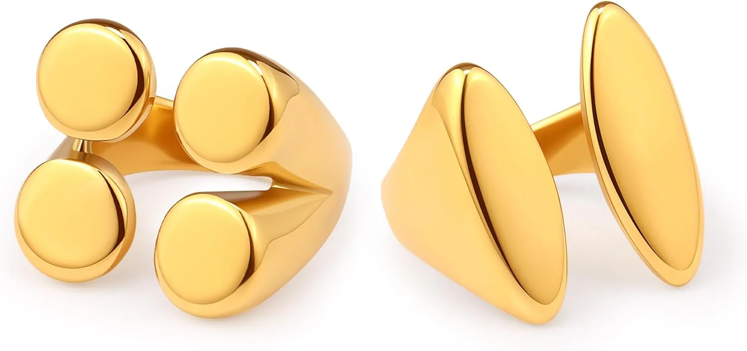 Chunky Statement Rings Set 2 African Boho Geometric Gold Plated Pieces Minimalist Design Adjustable Gold-Tone Rings for women