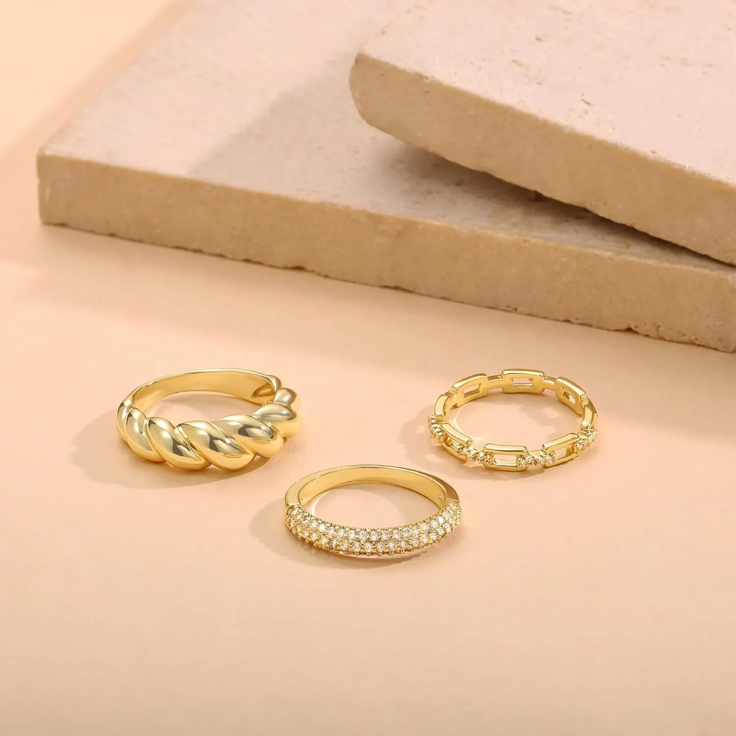 Dainty 3pc Stackable Chunky Rings Non Tarnish - Fashion Trendy 14K Gold Plated Stacking CZ Ring Set Statement Thumb Rings for Women Jewelry Gift Size 6-10