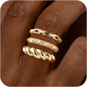 Dainty 3pc Stackable Chunky Rings Non Tarnish - Fashion Trendy 14K Gold Plated Stacking CZ Ring Set Statement Thumb Rings for Women Jewelry Gift Size 6-10