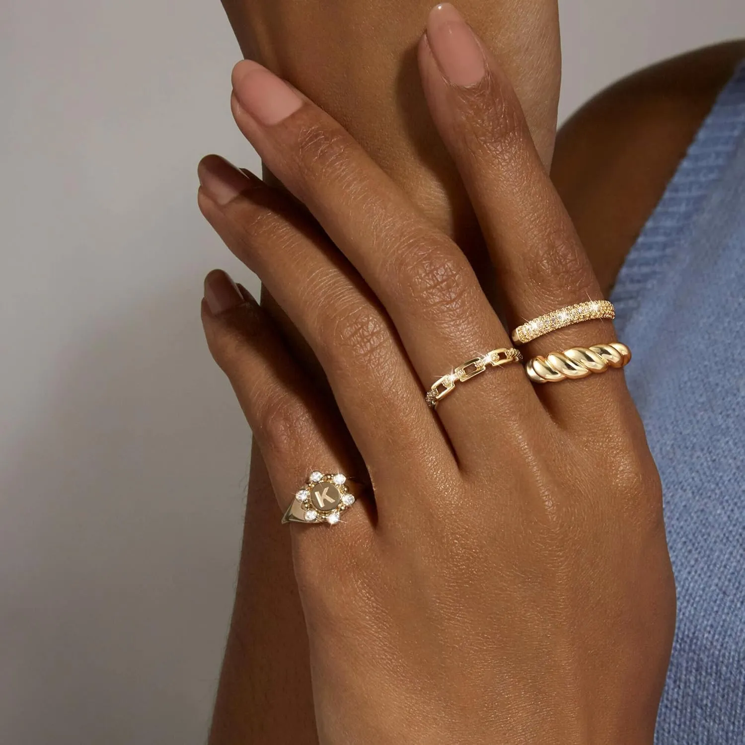Dainty 3pc Stackable Chunky Rings Non Tarnish - Fashion Trendy 14K Gold Plated Stacking CZ Ring Set Statement Thumb Rings for Women Jewelry Gift Size 6-10