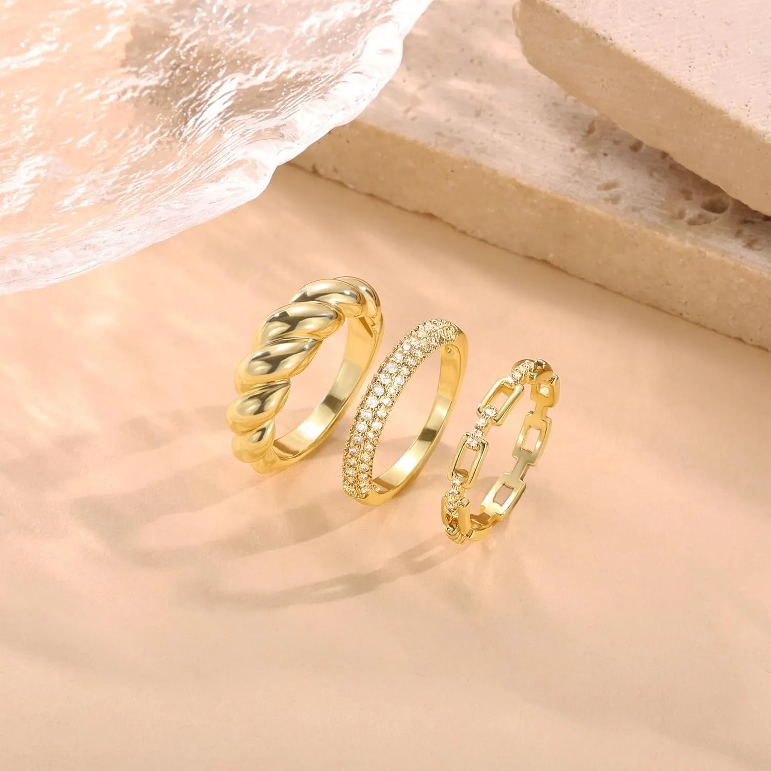 Dainty 3pc Stackable Chunky Rings Non Tarnish - Fashion Trendy 14K Gold Plated Stacking CZ Ring Set Statement Thumb Rings for Women Jewelry Gift Size 6-10