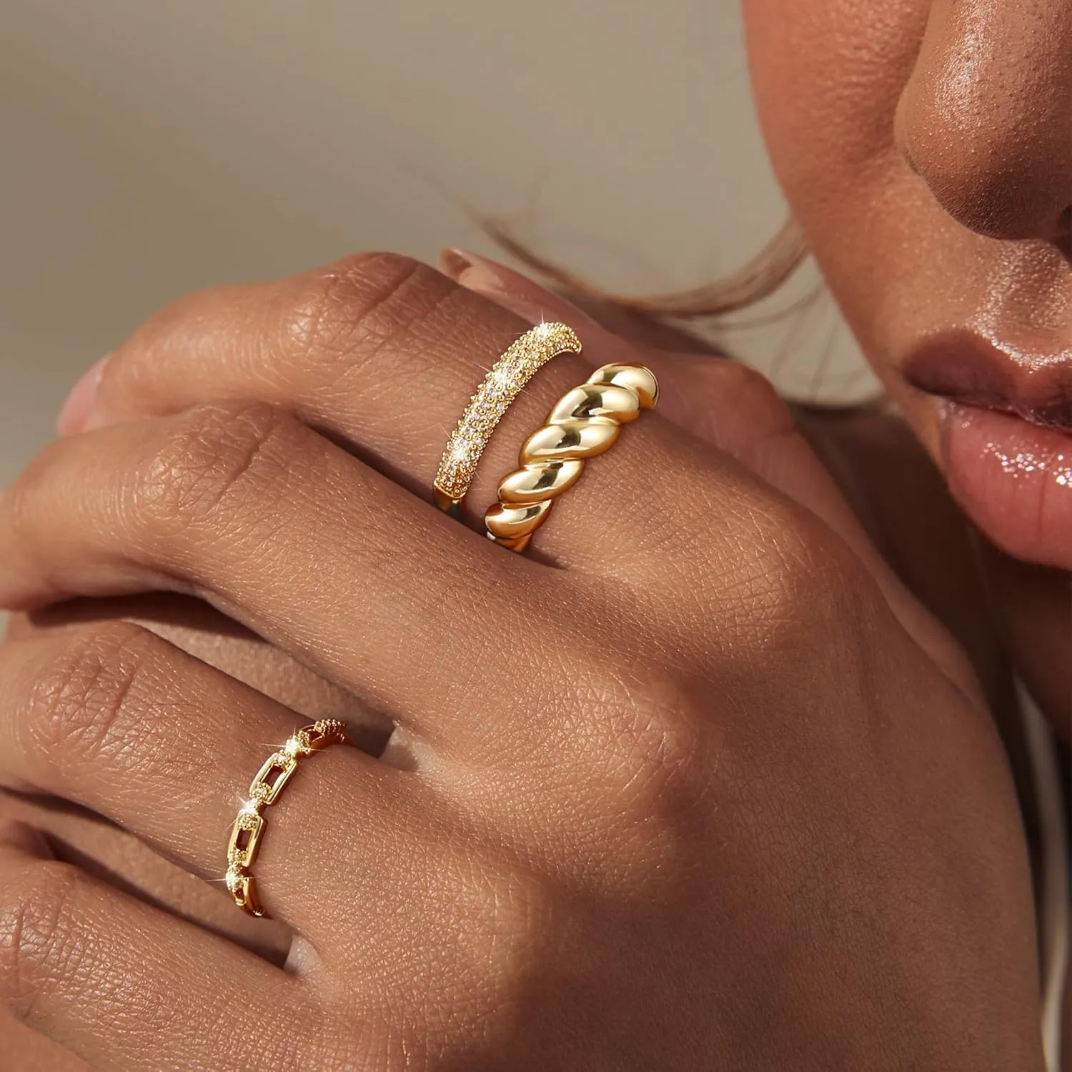 Dainty 3pc Stackable Chunky Rings Non Tarnish - Fashion Trendy 14K Gold Plated Stacking CZ Ring Set Statement Thumb Rings for Women Jewelry Gift Size 6-10