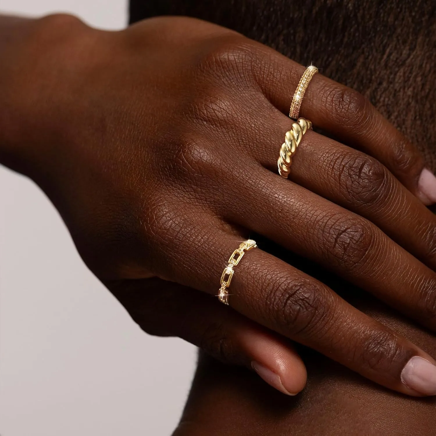 Dainty 3pc Stackable Chunky Rings Non Tarnish - Fashion Trendy 14K Gold Plated Stacking CZ Ring Set Statement Thumb Rings for Women Jewelry Gift Size 6-10