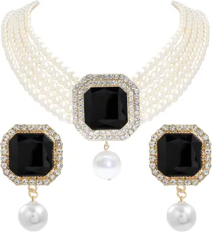 Elegant Layered Simulated Pearl Crystal Necklace Earrings Set for Women Rhinestone Diamond Pearl Choker Collar Neckalce Wedding Jewelry
