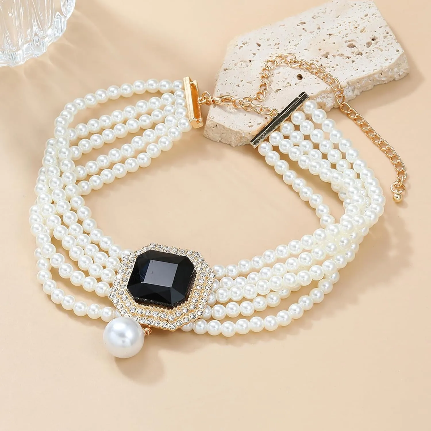 Elegant Layered Simulated Pearl Crystal Necklace Earrings Set for Women Rhinestone Diamond Pearl Choker Collar Neckalce Wedding Jewelry