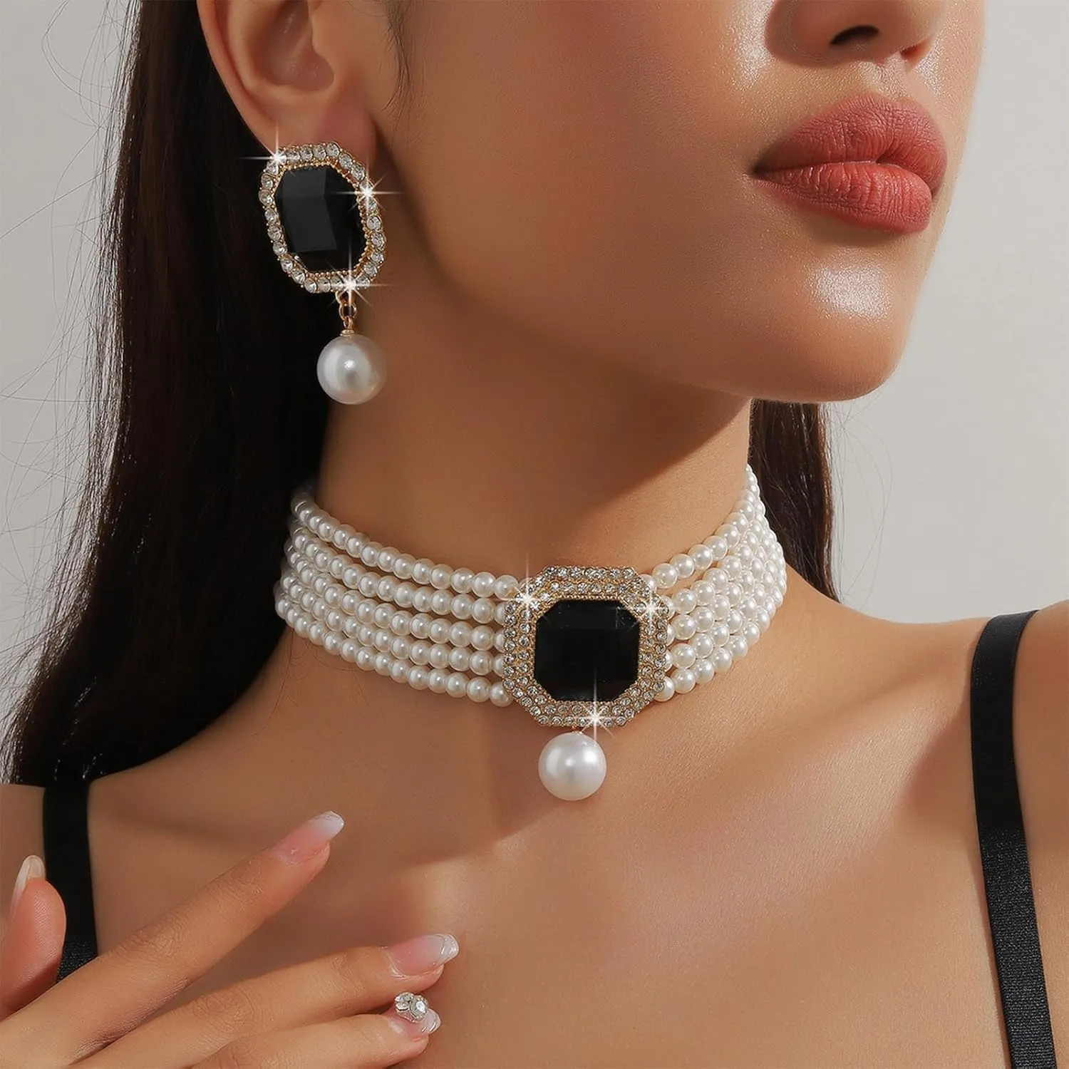 Elegant Layered Simulated Pearl Crystal Necklace Earrings Set for Women Rhinestone Diamond Pearl Choker Collar Neckalce Wedding Jewelry