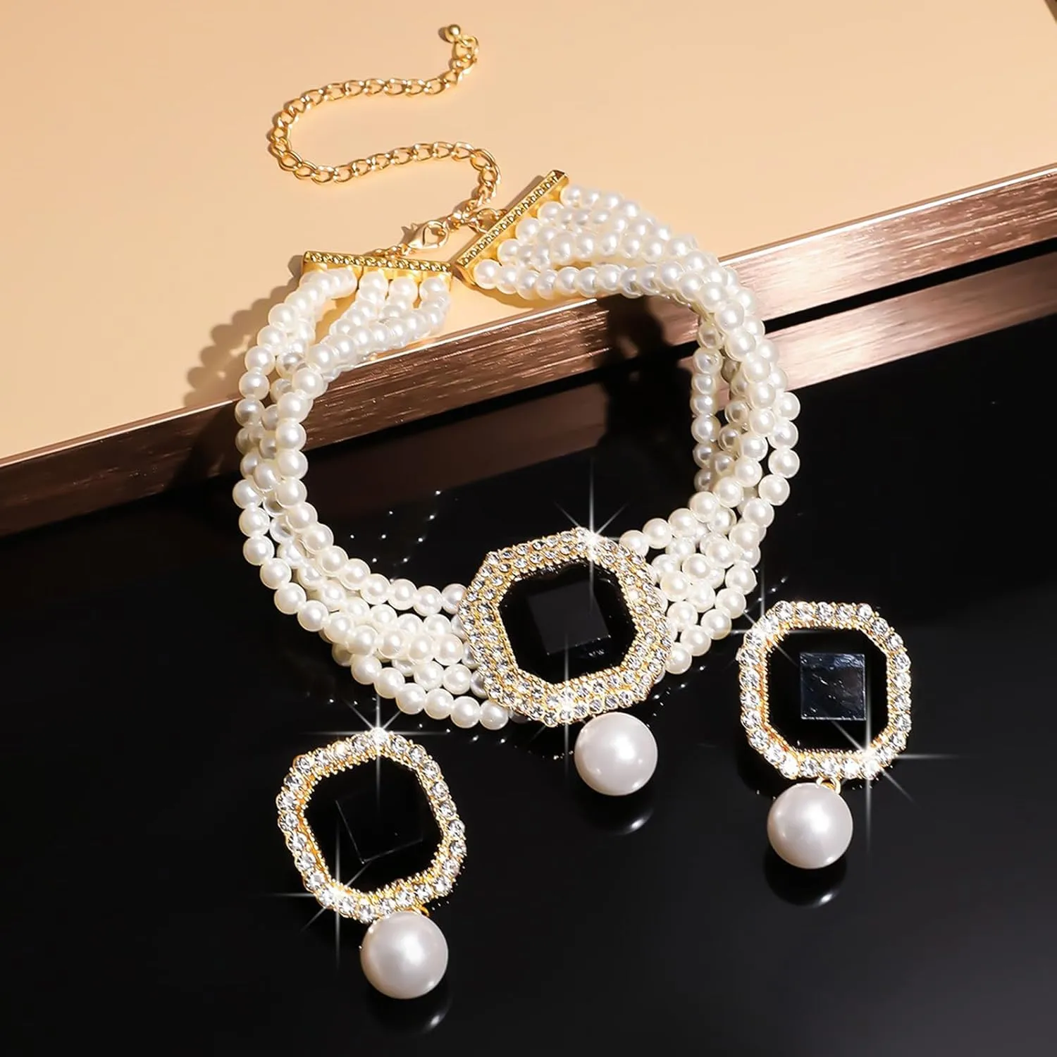 Elegant Layered Simulated Pearl Crystal Necklace Earrings Set for Women Rhinestone Diamond Pearl Choker Collar Neckalce Wedding Jewelry
