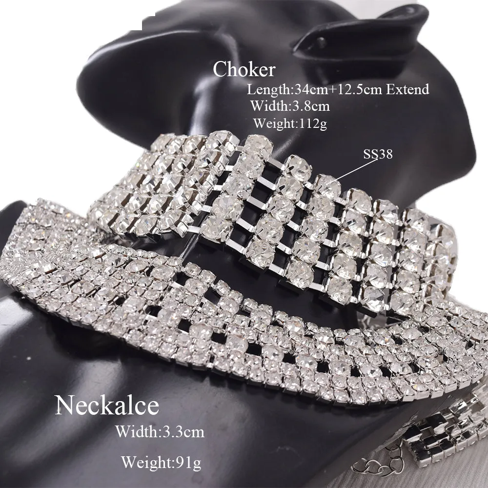 Excellent Quality SS38 8mm Rhinestone Chain Choker Necklace Set