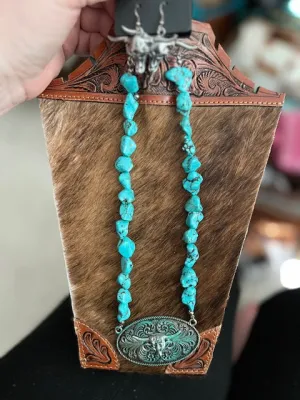 Faux Longhorn Turquoise Stone Chunky Necklace and Earring Set-RESTOCK
