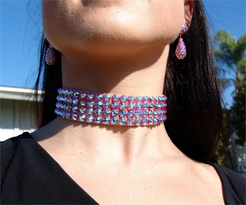 FNC Nude Stretch 4 Row Fully Stoned Choker: Fuchsia AB (size 34' stones)