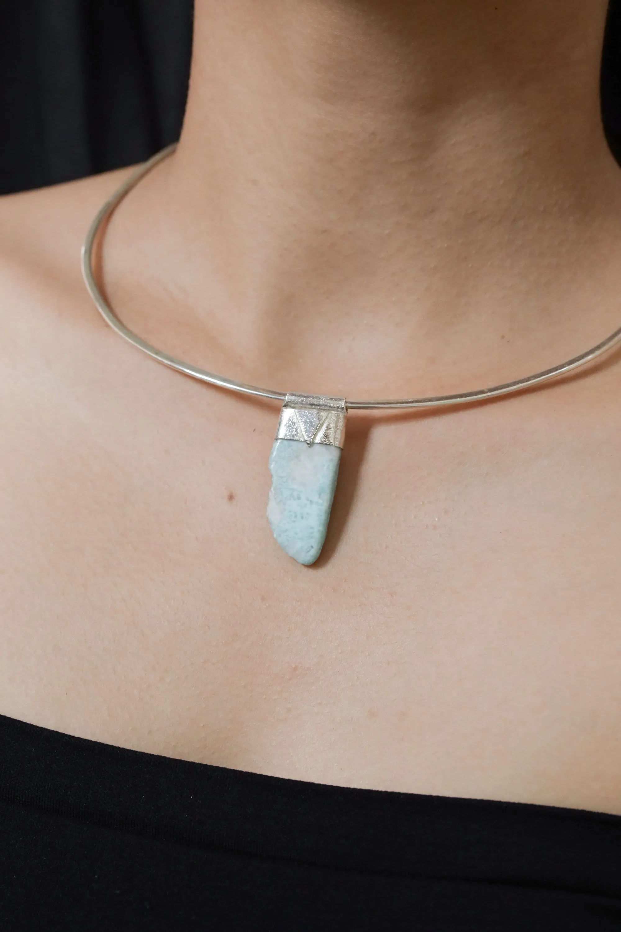 Free Form Larimar Stack Pendant, Organic Textured 925 Sterling Silver, Throat Chakra, Pisces Zodiac, Calming and Communication - No/02