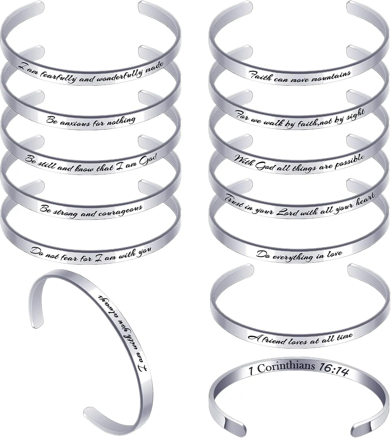 Funtery 12 Pcs Christian Bracelet Engraved Bible Verse Jewelry for Women Religious Baptism Gifts Inspirational Scripture Open Cuff Bangle Confirmation Gifts for Friend Encouragement(Classic)