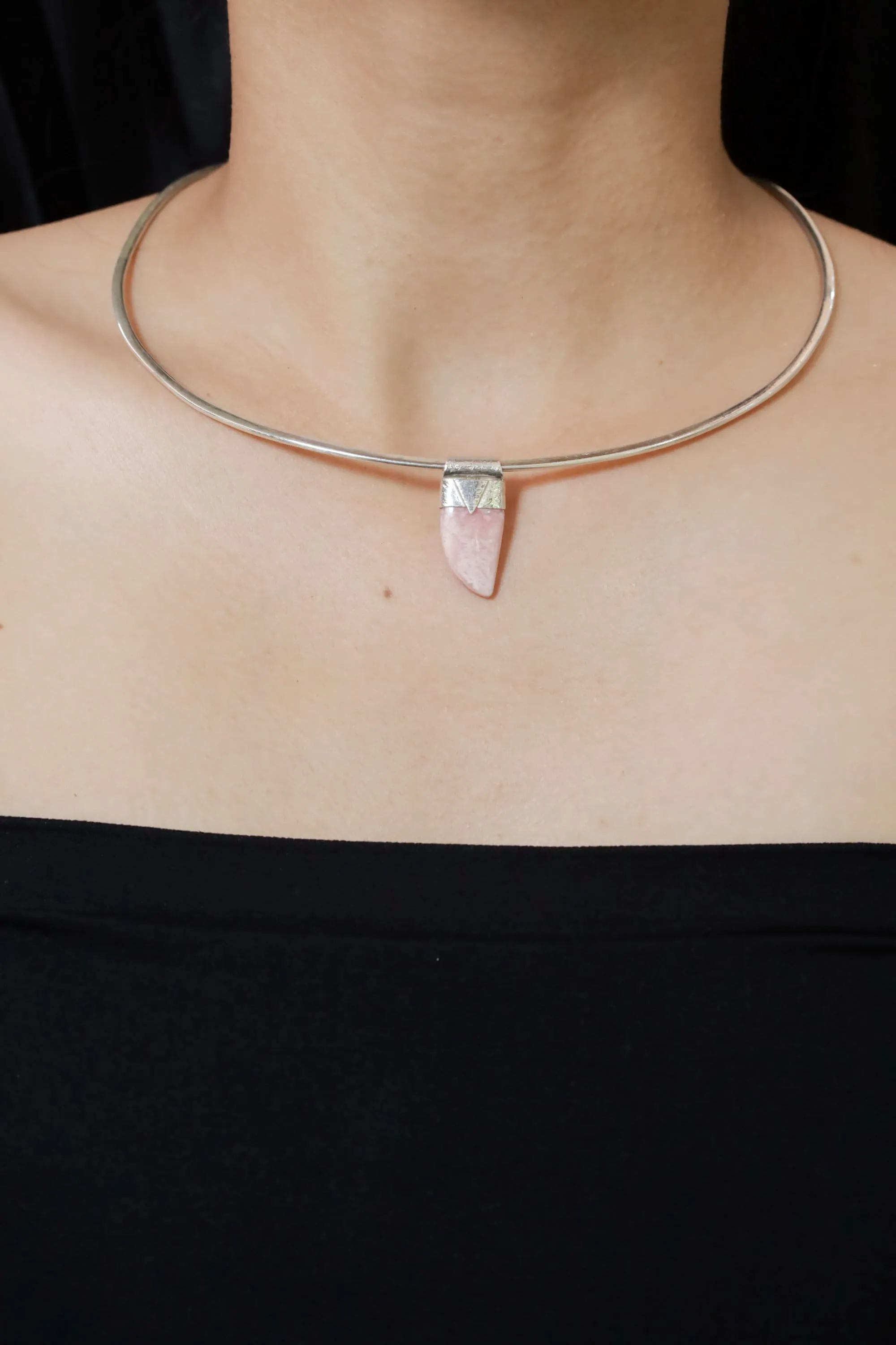 Gemmy Rhodochrosite Tooth Cabochon Stack Pendant, Organic Textured Sterling Silver, Heart Chakra, Scorpio, Emotional Healing, Unique Gift
