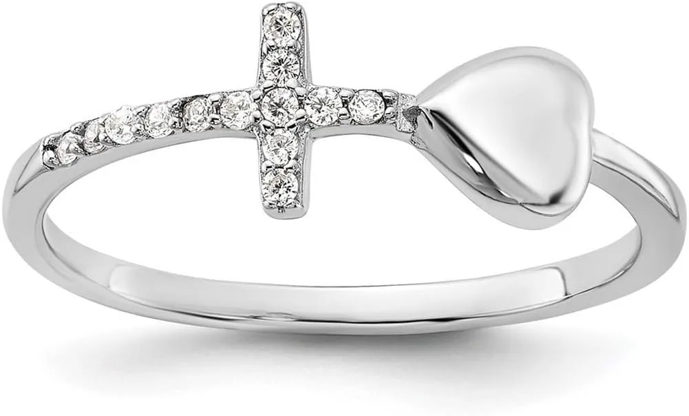 JewelryWeb 925 Sterling Silver Rhodium Plated Love Heart and CZ Simulated Diamond Religious Faith Cross Ring Statement-Ring for Women