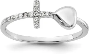 JewelryWeb 925 Sterling Silver Rhodium Plated Love Heart and CZ Simulated Diamond Religious Faith Cross Ring Statement-Ring for Women