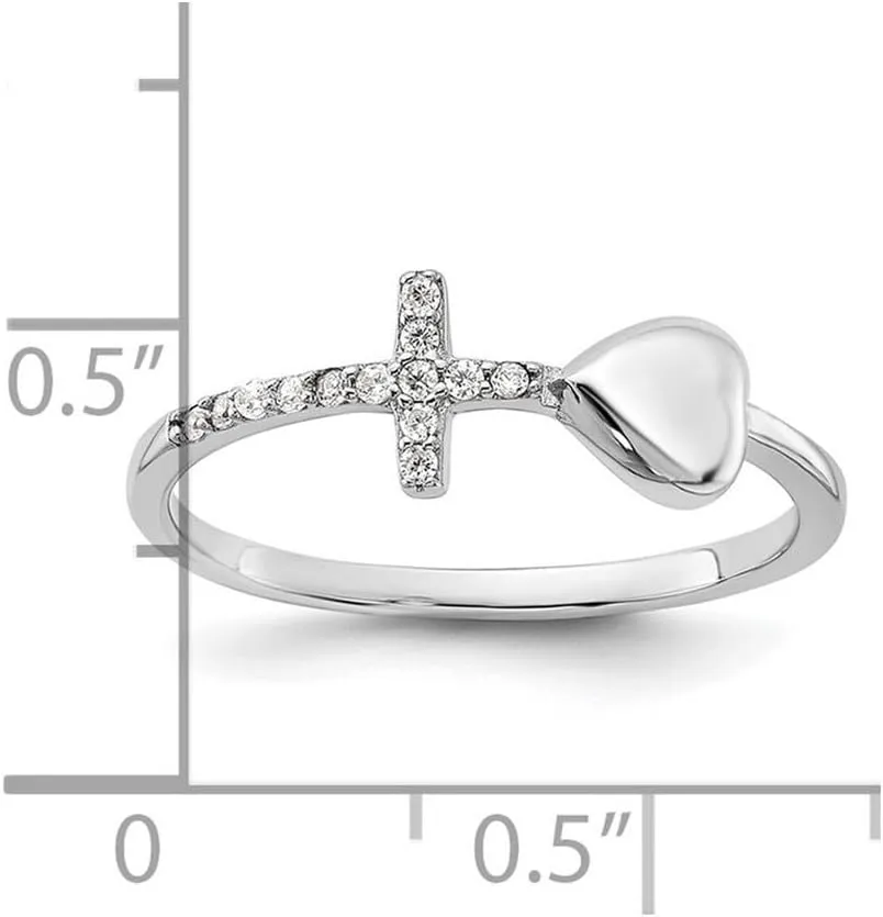 JewelryWeb 925 Sterling Silver Rhodium Plated Love Heart and CZ Simulated Diamond Religious Faith Cross Ring Statement-Ring for Women